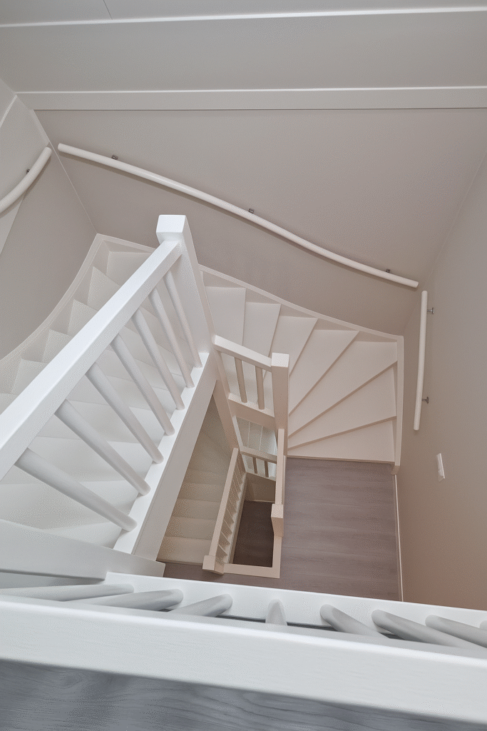 Gerenoveerde witte trap in modern interieur Bovenaanzicht van een wit geschilderde houten trap met draaiende treden en strakke afwerking in een modern huis.